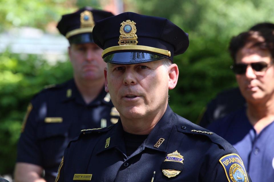 Braintree Police Chief Mark Dubois at a Boston Medical Center news conference on Saturday, June 5, 2021.