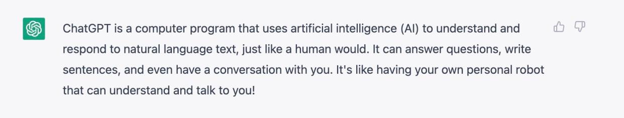 A screengrab of ChatGPT answering a question about what it does