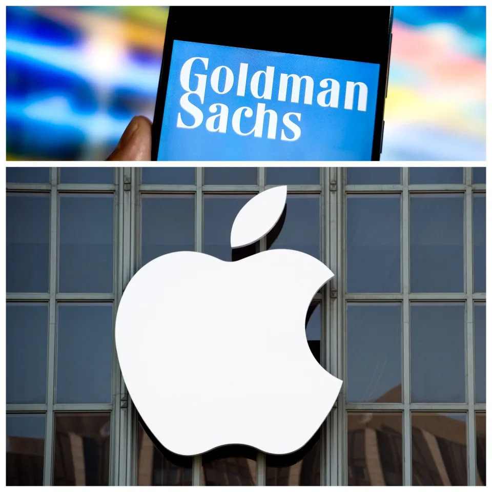 The Goldman Sachs logo, displayed on a phone screen above, and Apple&#39;s logo on the side of a building below.