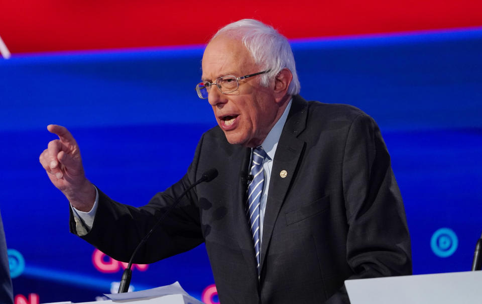 Sen. Bernie Sanders (I-Vt.) speaks during the fourth debate in Westerville, Ohio, this past Tuesday. He hopes to build momentum with his first campaign rally after a heart attack. (Photo: Shannon Stapleton / Reuters)