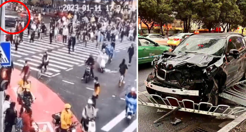 The vehicle can be seen approaching the crossing (left) and after the incident (right). Source: Weibo