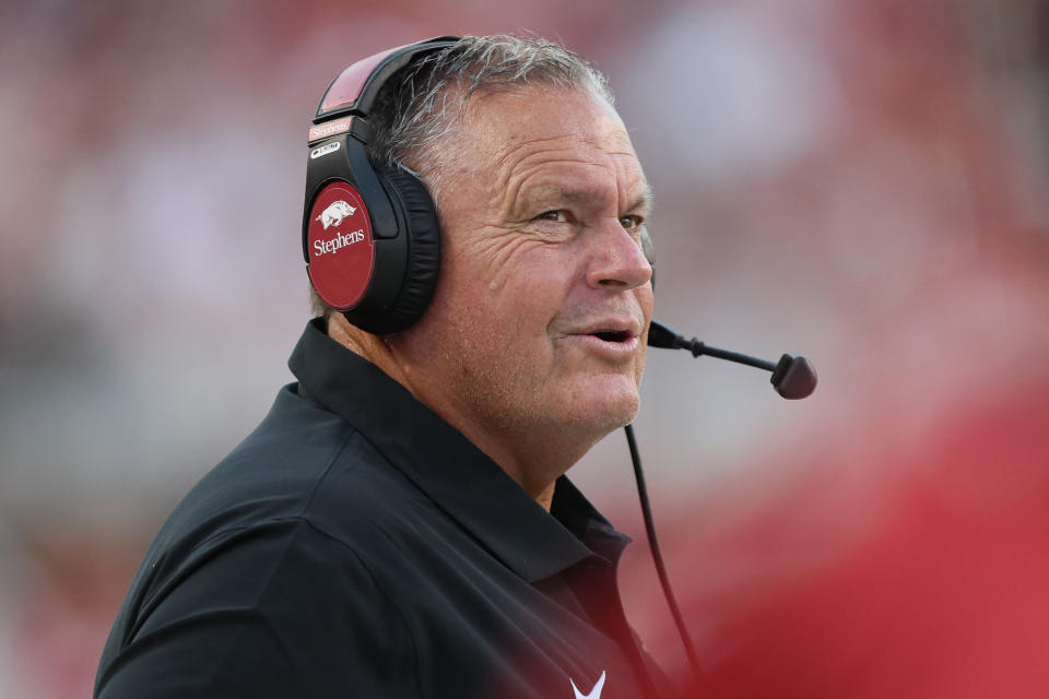 Sep 16, 2023; Fayetteville, Arkansas, USA; Arkansas Razorbacks head coach Sam Pittman during the first quarter against the <a class="link " href="https://sports.yahoo.com/ncaaf/teams/byu/" data-i13n="sec:content-canvas;subsec:anchor_text;elm:context_link" data-ylk="slk:BYU Cougars;sec:content-canvas;subsec:anchor_text;elm:context_link;itc:0">BYU Cougars</a> at Donald W. Reynolds Razorback Stadium. Mandatory Credit: Nelson Chenault-USA TODAY Sports