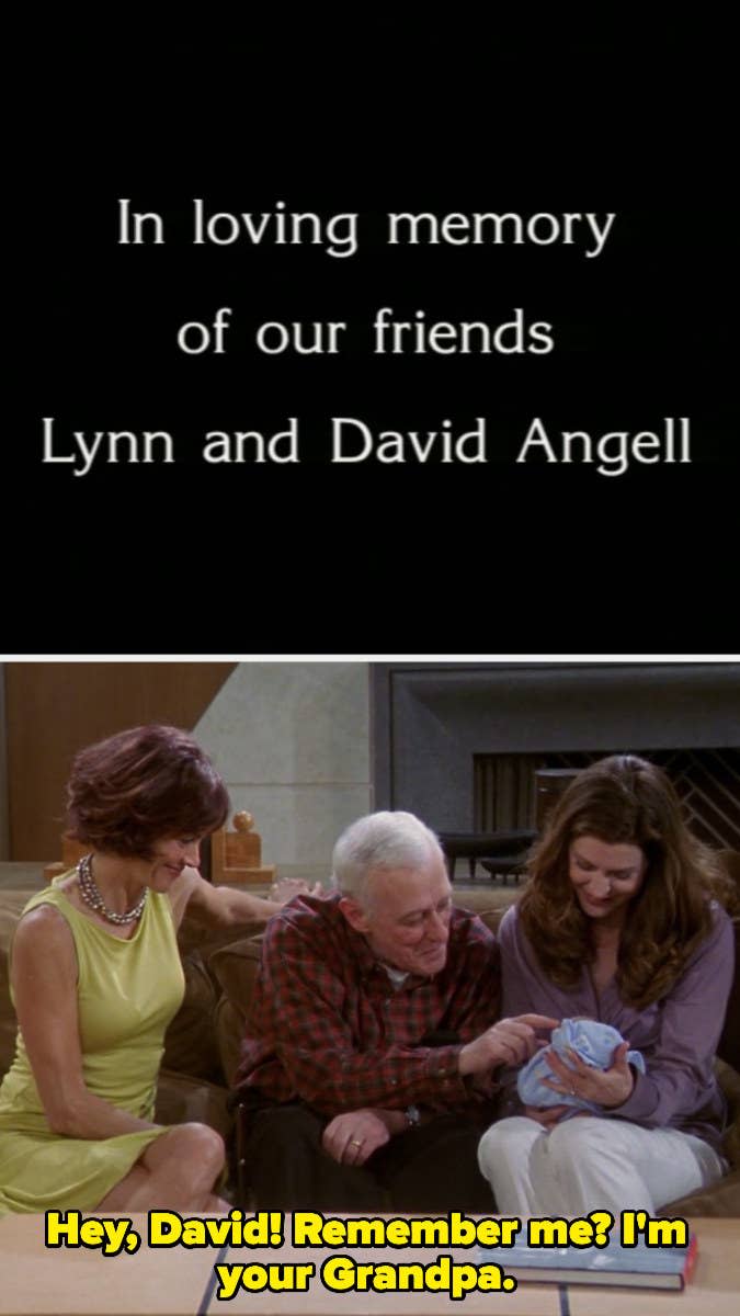 A title card reading "In loving memory of our friends Lynn and David Angell" and Martin Crane calling Niles and Daphne's baby "David"