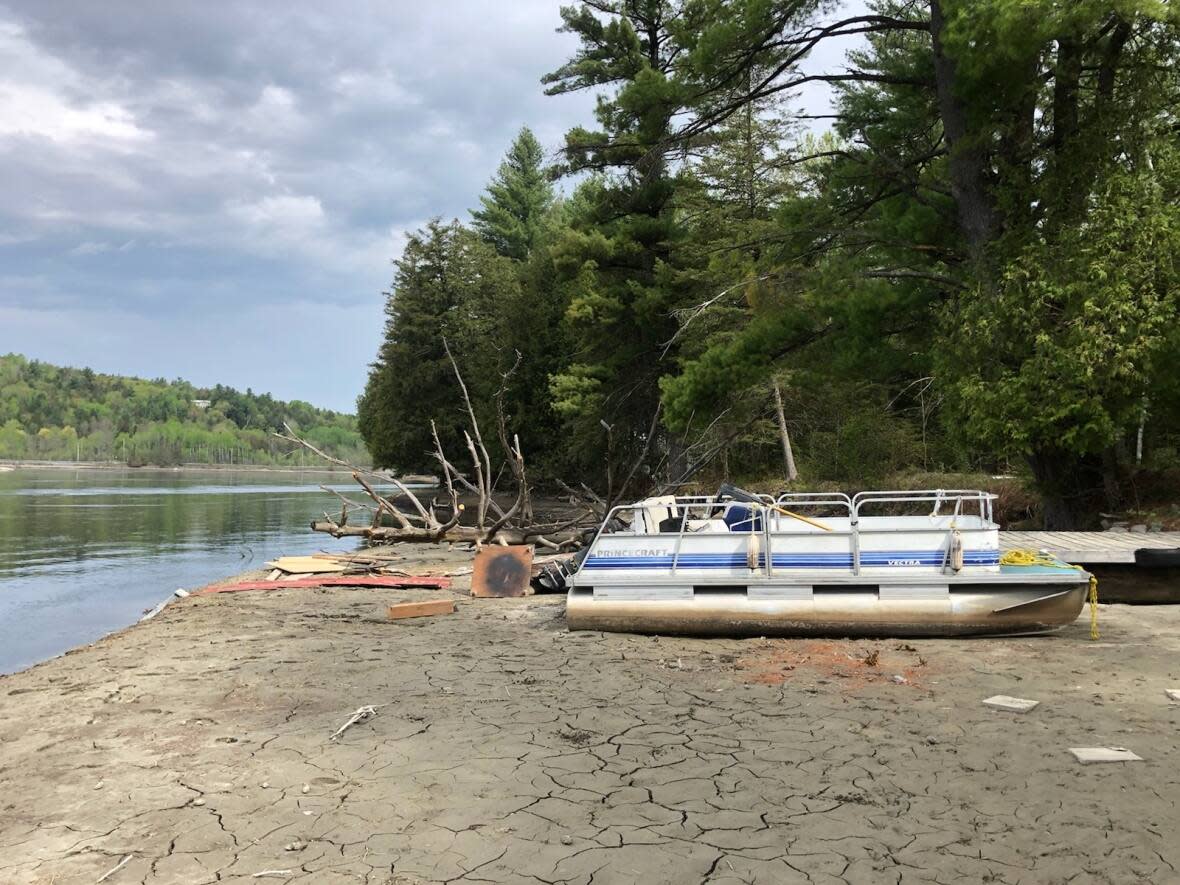 Heather Horak hauls essential supplies to her seasonal home using a pontoon boat. She says the lowered water levels left the boat stranded for much of the month.  (Submitted by Heather Horak - image credit)