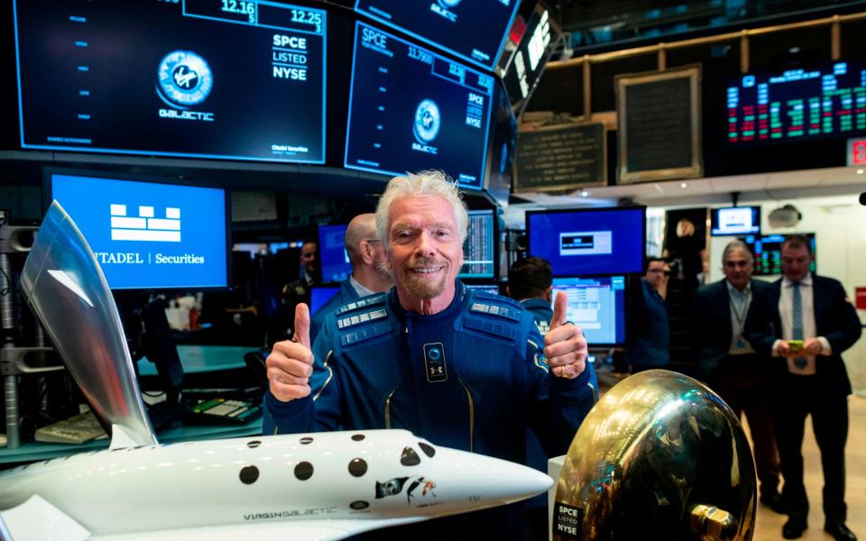 Richard Branson ringing the First Trade Bell to commemorate Virgin Galactic's first day of trading on the New York Stock Exchange on October 28, 2019