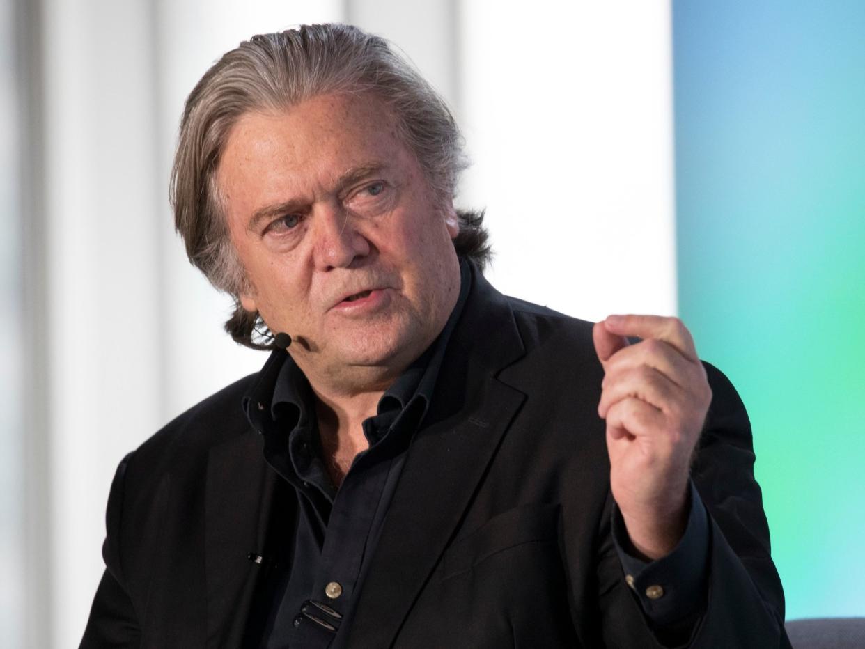 Steve Bannon gestures as he speaks during an ideas festival sponsored by The Economist, Saturday, Sept. 15, 2018, in New York: AP