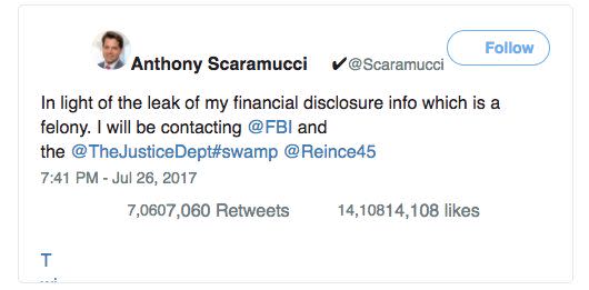 The since-deleted tweet from Scaramucci. (Photo: Twitter)