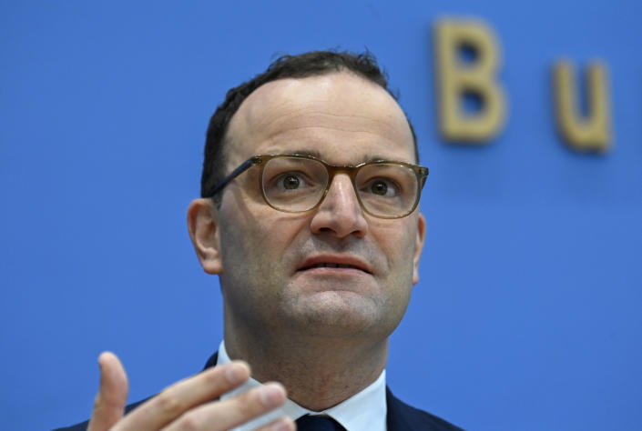 German Health Minister Jens Spahn addresses the media during a press conference in Berlin, Germany, Thursday, Oct. 8, 2020 about the current developments of the new coronavirus outbreak in Germany. (Tobias Schwarz/Pool Photo via AP)