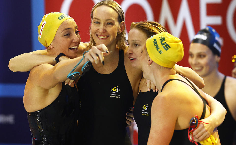 Lani Pallister, Madi Wilson, Mollie O'Callaghan and Leah Neale, pictured here after winning the 4x200m freestyle relay at the world short course swimming championships.