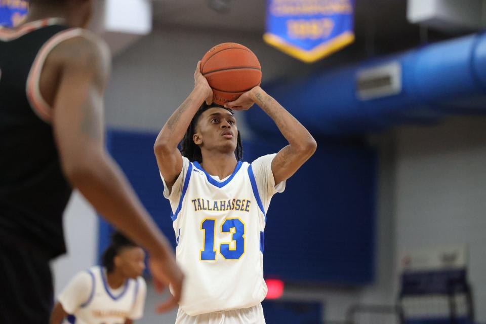 Tallahassee Community College guard Malachi Davis (13) attempts a free throw against Marion Military Institute at Bill Hebrock Eagledome, Tallahassee, Florida, Monday, Nov. 14, 2022