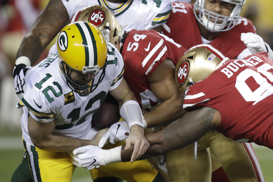 Green Bay Packers quarterback Aaron Rodgers struggled in a loss to the 49ers. (AP Photo/Ben Margot)