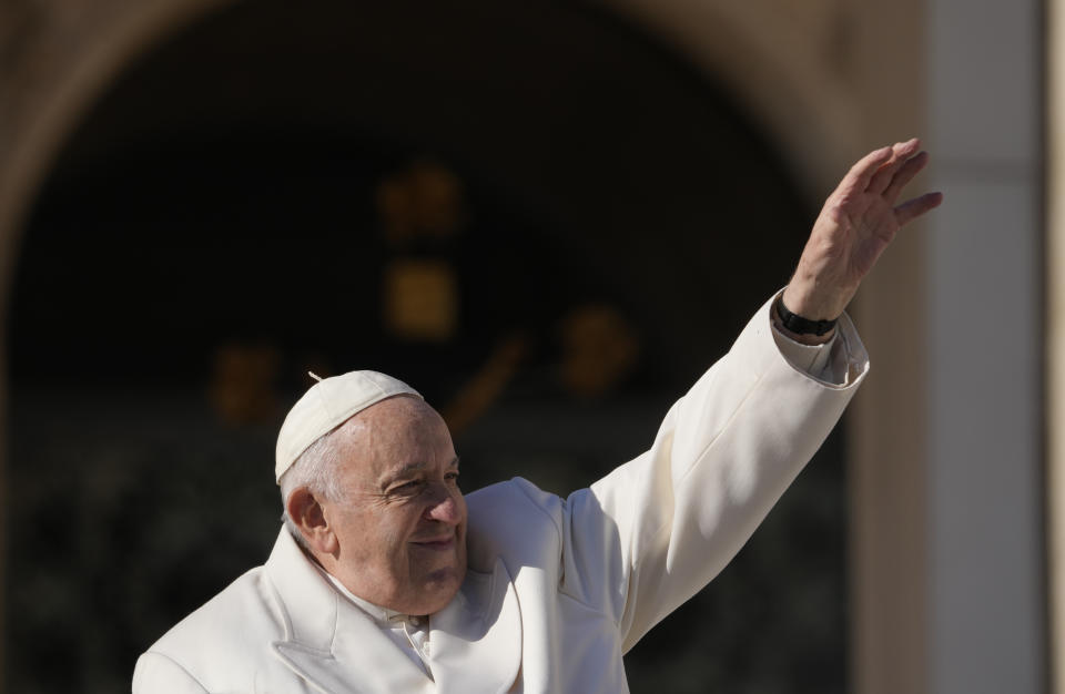 Pope Francis leaves at the end of his weekly general audience in St. Peter's Square at The Vatican, Wednesday, Nov. 30, 2022. (AP Photo/Andrew Medichini)