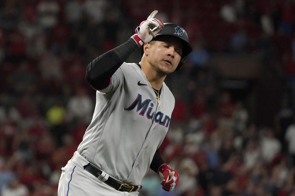 Miami Marlins' Avisail Garcia celebrates as he rounds the bases after hitting a two-run home run during the ninth inning of a baseball game against the St. Louis Cardinals Wednesday, June 29, 2022, in St. Louis. (AP Photo/Jeff Roberson)