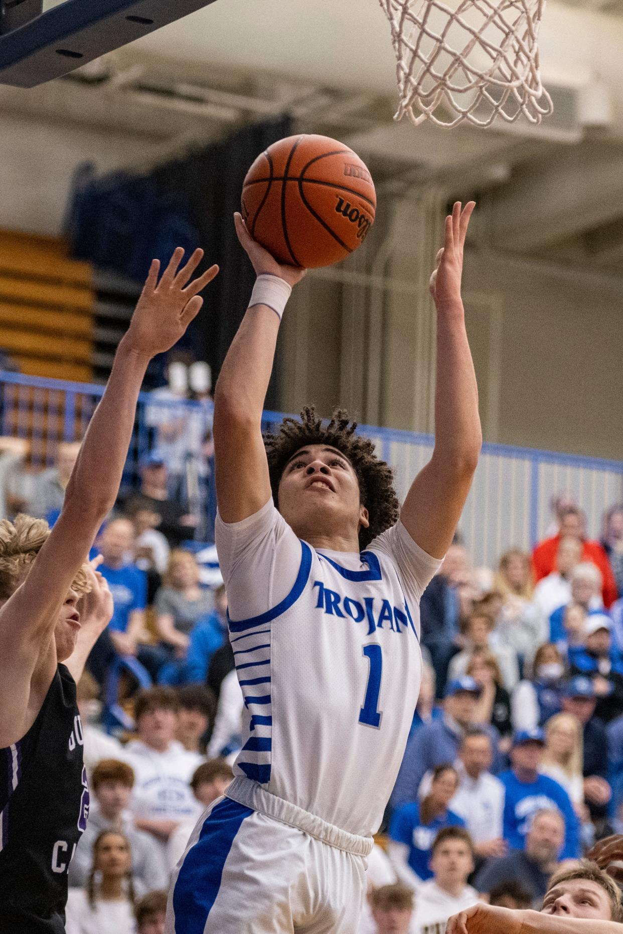 Indianapolis Bishop Chatard freshman Ethan Roseman (1) shoots during the second half of an IHSAA Sectional Basketball championship game against Guerin Catholic High School, Monday, March 6, 2023, at Indianapolis Shortridge High School. Guerin Catholic won 53-41.