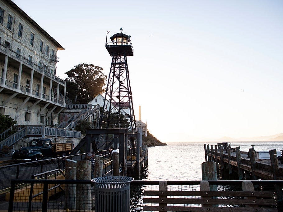 The guard tower and ferry landing at Alcatraz Jail in San Francisco, California