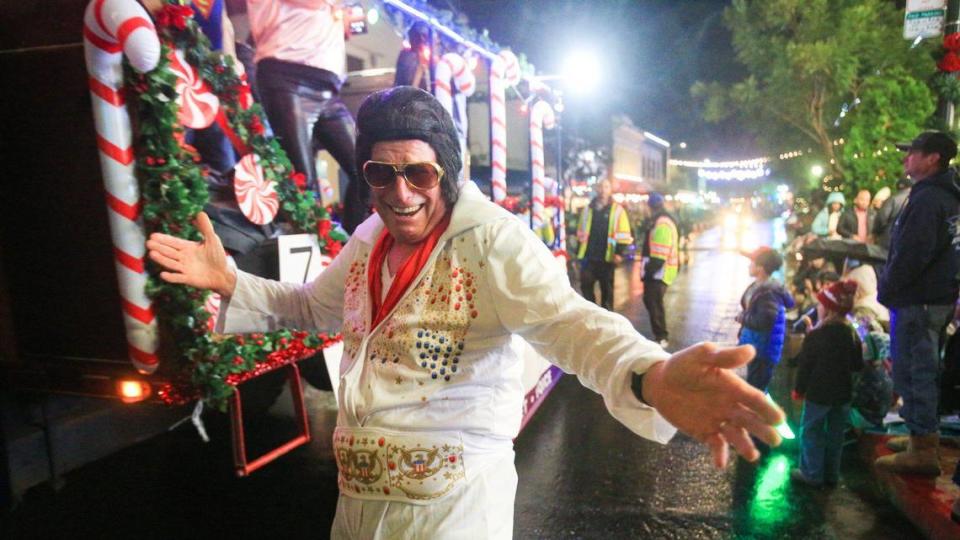 Jeff Buckingham with Astound Broadband dressed as Elvis at the 46th annual Holiday Parade. The theme “Rockin’ Retro Holidays” took to the San Luis Obispo streets Dec. 2, 2022.