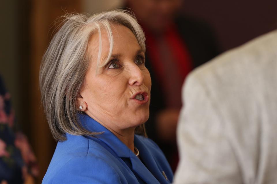 New Mexico Gov. Michelle Lujan Grisham speaks with attendees at Living Desert Zoo and Gardens, June 1, 2022 in Carlsbad.