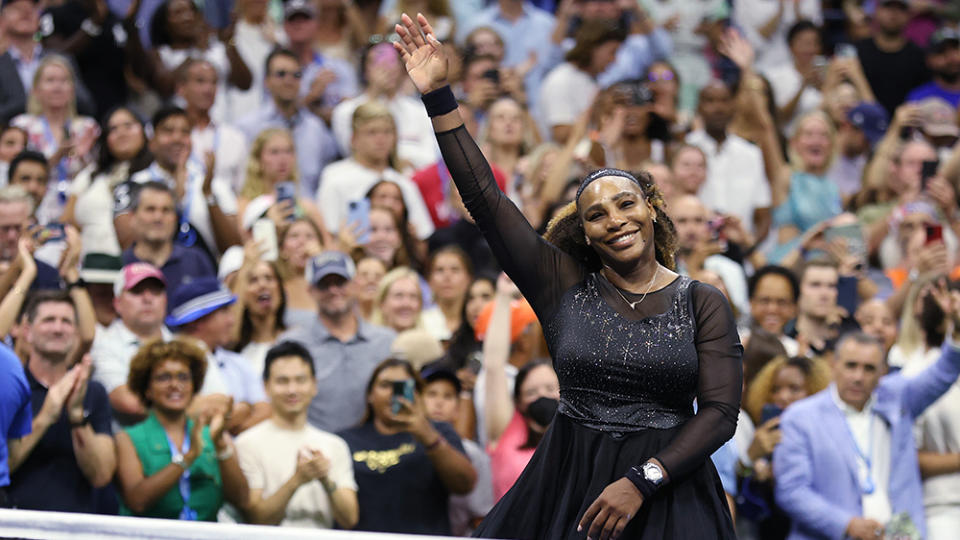 Serena Williams celebrates her second-round singles victory over Anett Kontaveit on August 31, 2022 - Credit: Jamie Squire