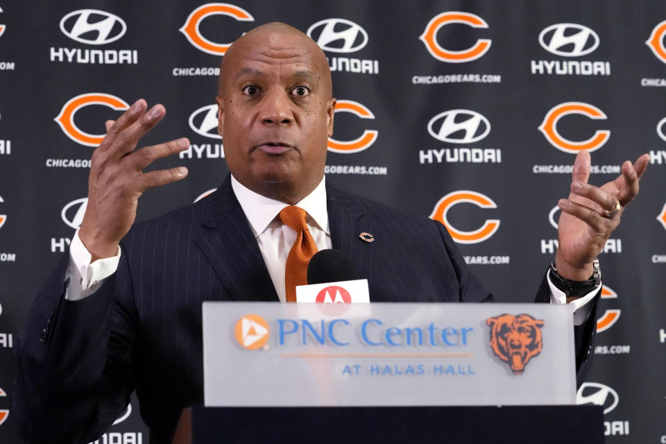 Chicago Bears new President & CEO Kevin Warren speaks during an NFL football news conference at Halas Hall in Lake Forest, Ill., Tuesday, Jan. 17, 2023. (AP Photo/Nam Y. Huh)