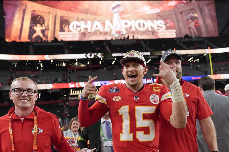 Kansas City Chiefs quarterback Patrick Mahomes (15) celebrates a win against the San Francisco 49ers against the NFL Super Bowl 58 football game Sunday, Feb. 11, 2024, in Las Vegas. The Kansas City Chiefs won 25-22 against the San Francisco 49ers. (AP Photo/John Locher)