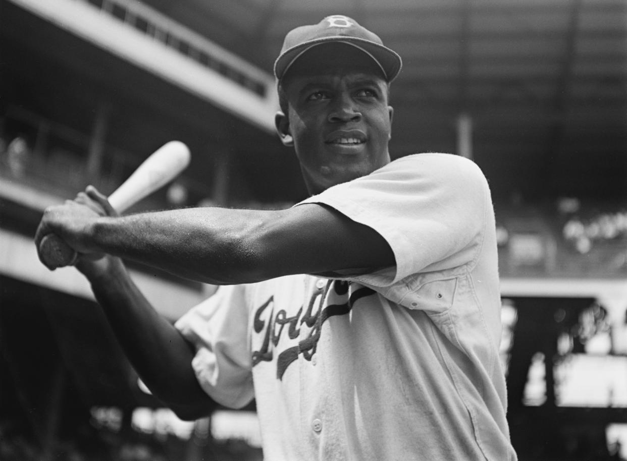 American baseball player Jackie Robinson (1919 - 1972) of the Brooklyn Dodgers, USA, 28th August 1949. The Dodgers played the Pittsburgh Pirates at Ebbets Field in New York City that day. (Photo by Archive Photos/Getty Images)