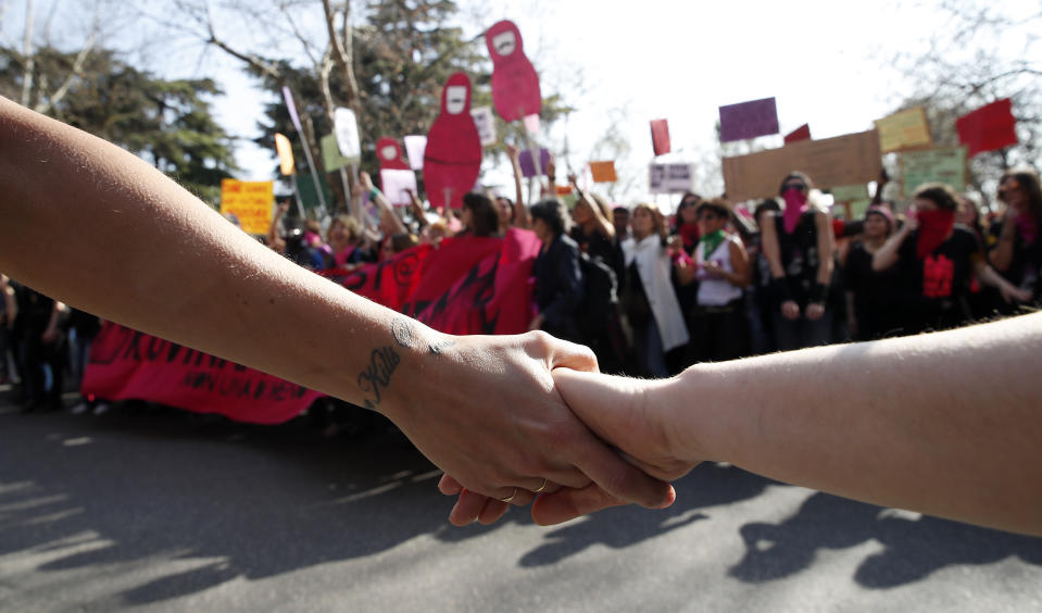 FILE - People march to protest the World Congress of Families, a congress under the auspices of a U.S. organization that defines family as strictly centering around a mother and father, in Verona, Italy, Saturday, March 30, 2019. Advocates for women and the LGBTQ community in Italy are worrying that the decisive victory by Giorgia Meloni and her far-right party in Italy's national election which took place Sunday, Sept. 25, 2022, will bring setbacks for civil rights. (AP Photo/Antonio Calanni, File)