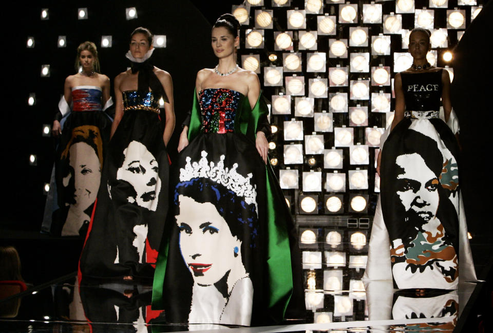 Models wear creations with portraits of, from left, U.S. Sen. Hillary Rodham Clinton, French Socialist presidential candidate Segolene Royal, Britain's Queen Elizabeth II and U.S. Secretary of State Condoleezza Rice on their skirts, by Italian fashion designer Gattinoni for his Spring-Summer 2007 collection at Rome's Auditorium, Jan. 28, 2007. (AP Photo/Riccardo De Luca)