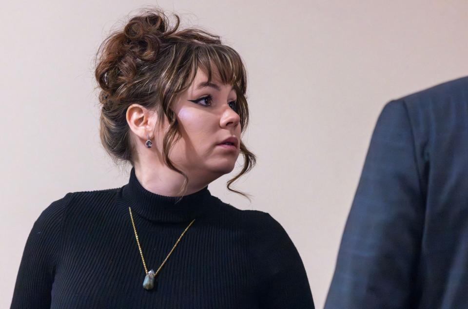Hannah Gutierrez-Reed, armorer for the Western movie "Rust," walks out of a Santa Fe, New Mexico, courthouse during her involuntary manslaughter trial on Feb. 27, 2024.