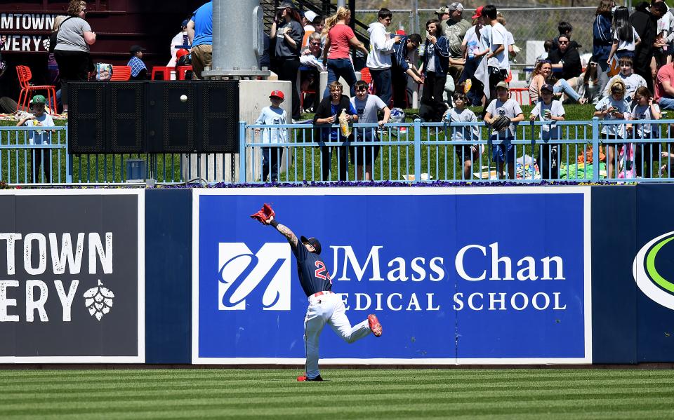 With young fans watching, WooSox center fielder Jarren Duran made this catch Wednesday against Rochester at Polar Park.