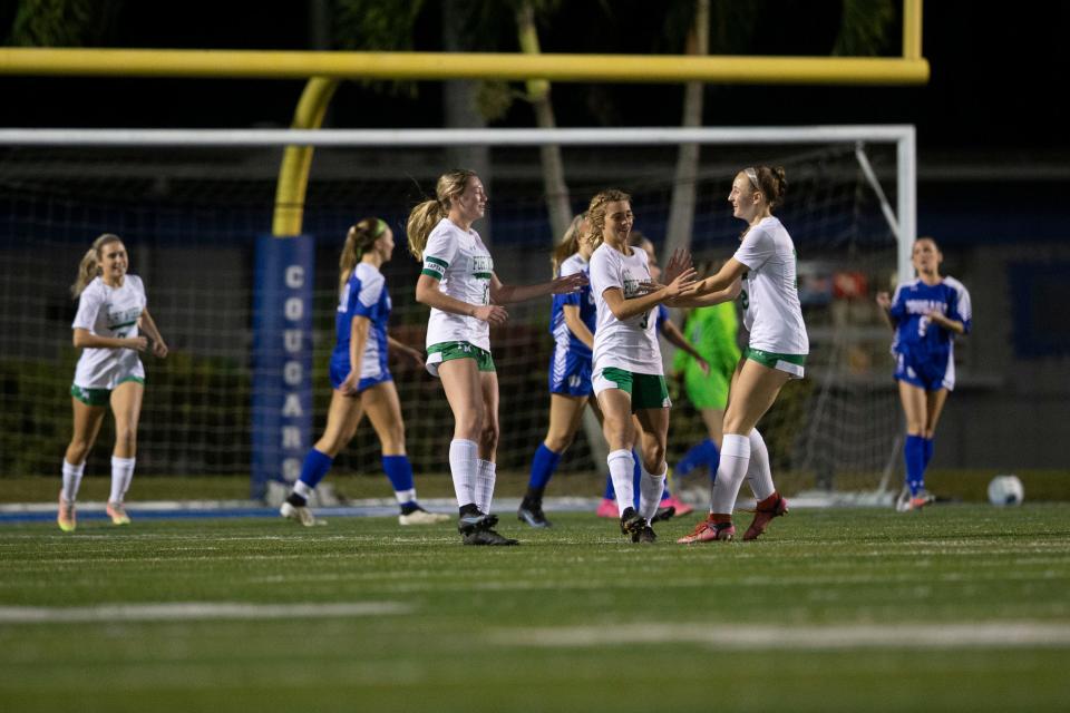 Fort Myers’ Giana D'Altrui (3) celebrates after scoring a goal during the first half of the high school varsity girls soccer match between Fort Myers and Barron Collier, Thursday, Jan. 13, 2022, at Barron Collier High School in Naples, Fla.

Barron Collier led Fort Myers 4-2 at halftime and won 6-3.