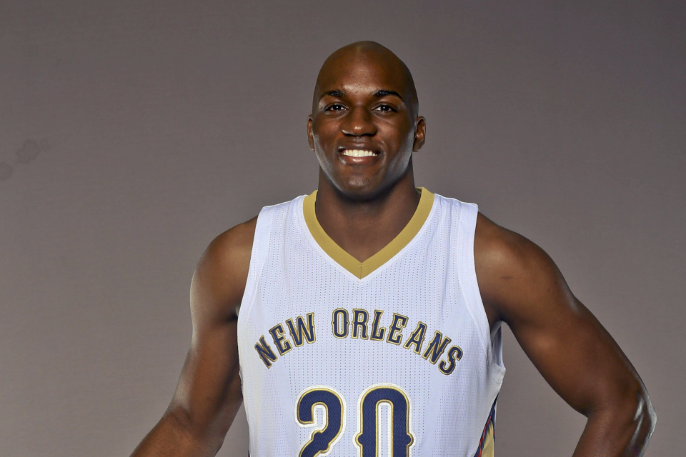 Sep 28, 2015; New Orleans, LA, USA; New Orleans Pelicans forward Quincy Pondexter (20) poses for a portrait during Media Day at the Pelicans Practice Facility.