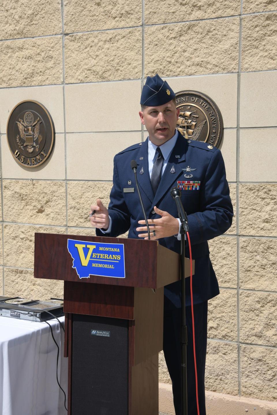 Space Force Maj. Jared Myers provided his remarks on serving as the commander of Detachment 1 of the 22nd Space Operations Squadron at Malmstrom Air Force Base during the United States Space Force emblem unveiling ceremony held at the Montana Veterans Memorial on June 27, 2023.