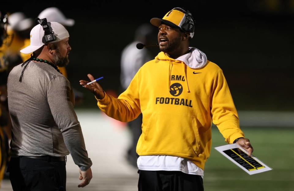 Irmo head coach Aaron Brand reacts to a play during the Yellowjackets’ game against the visiting Seahawks in Irmo on Friday, November 10, 2023.