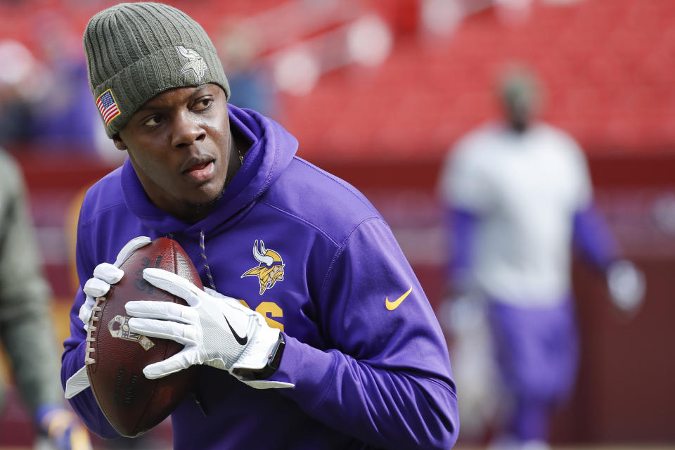 Minnesota Vikings quarterback Teddy Bridgewater (5) warms up before Sunday's game against Washington. (AP)