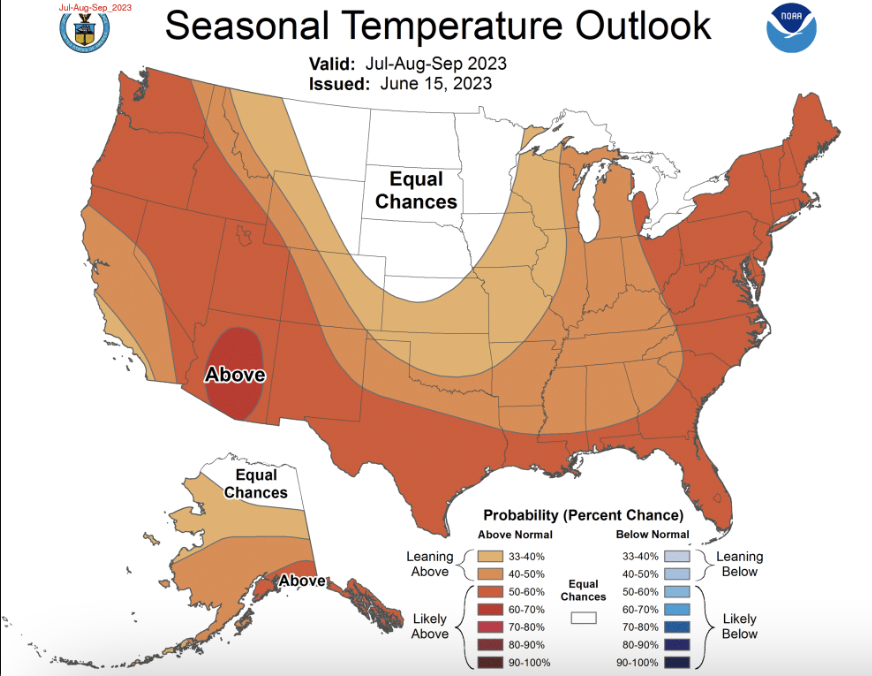 NOAA's seasonal temperature outlook from July though September shows high heat across the majority of the U.S. as El Nino makes its appearance. / Credit: NOAA