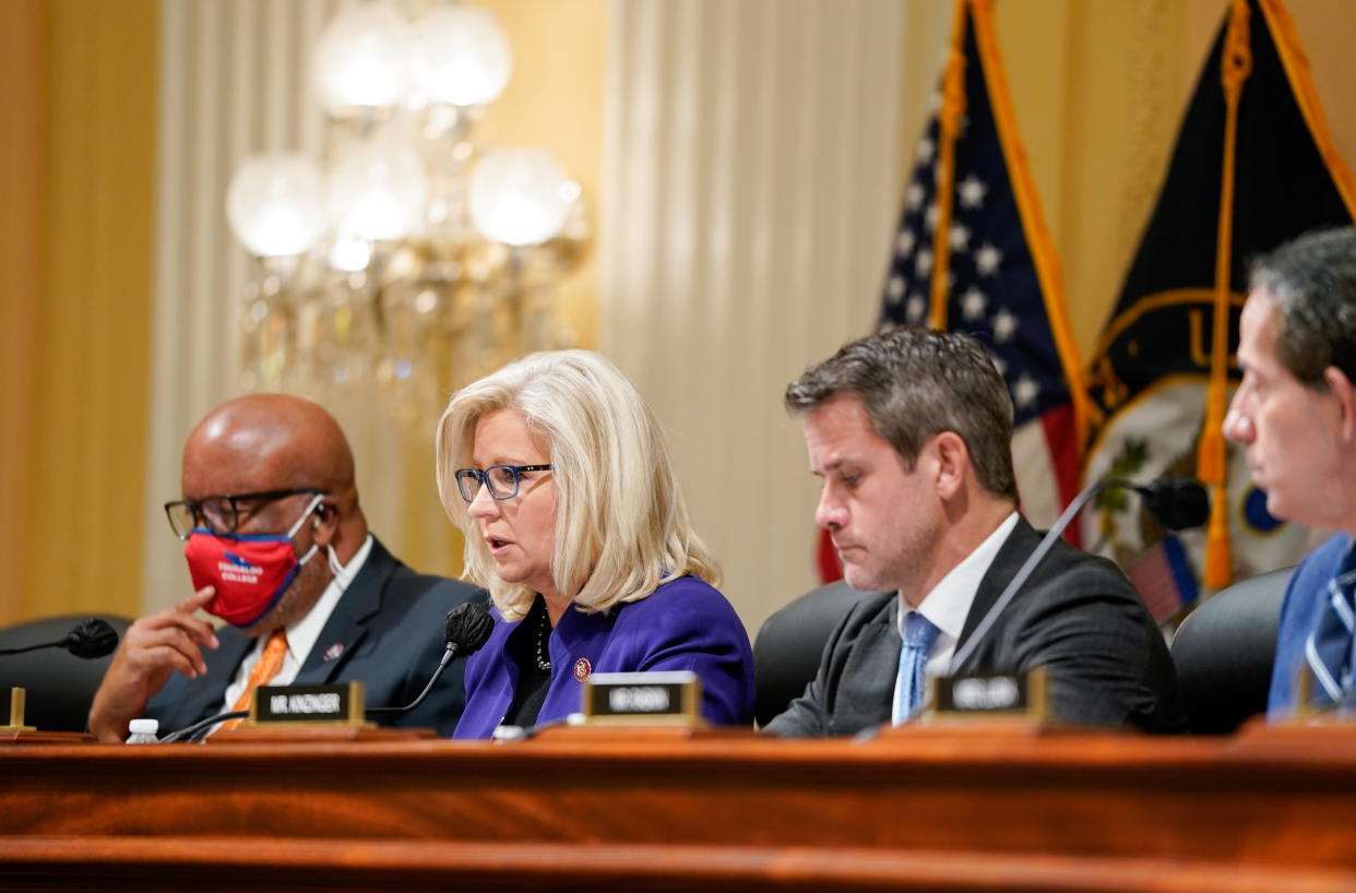 U.S. House Select Committee to Investigate the January 6th Attack on the U.S. Capitol Vice-chairperson U.S. Representative Liz Cheney (R-WY) speaks before a vote on a report recommending the U.S. House of Representatives cite Steve Bannon for criminal contempt of Congress during a meeting on Capitol Hill in Washington, U.S., October 19, 2021. REUTERS/Elizabeth Frantz