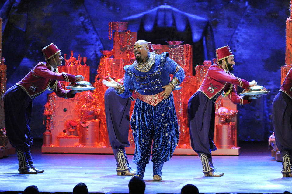 FILE - James Monroe Iglehart and the cast of "Aladdin" performs onstage at the 68th annual Tony Awards at Radio City Music Hall on Sunday, June 8, 2014, in New York. (Photo by Evan Agostini/Invision/AP, File)