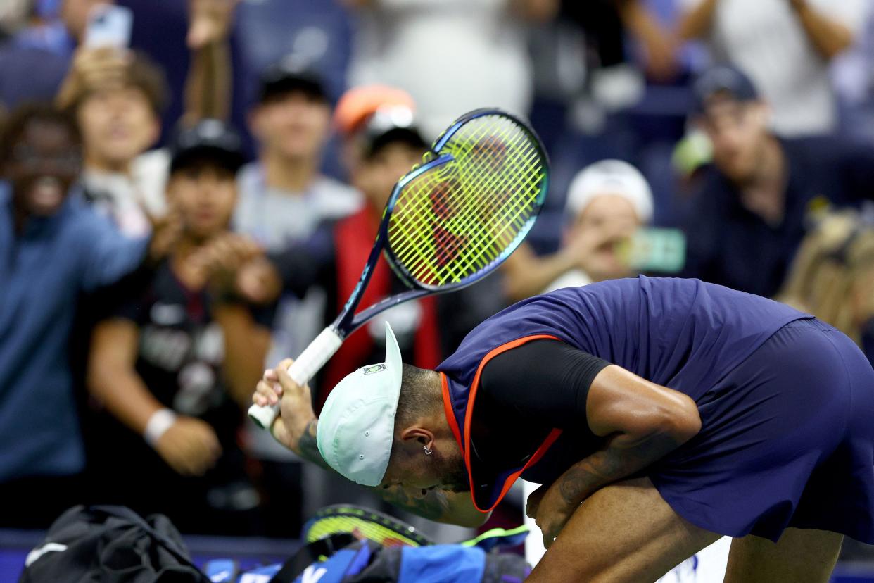 Nick Kyrgios of Australia smashes his racket after being defeated by Karen Khachanov in their Men’s Singles Quarterfinal match on Day Nine of the 2022 U.S. Open at USTA Billie Jean King National Tennis Center on Sept. 6, 2022, in Flushing, Queens.