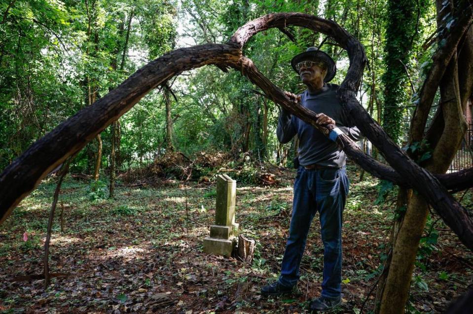 “We used to swing on these [vines] when we were little,” says Wayne Johnson, Vice President of the St. Lloyd Presbyterian Cemetery Foundation. “This is going to be part of the art in our cemetery,” Johnson continues when talking about plans to keep vines in place during the renovation of one of St. Lloyd Presbyterian’s cemeteries in the Grier Heights neighborhood in Charlotte on Monday, July 8, 2024.