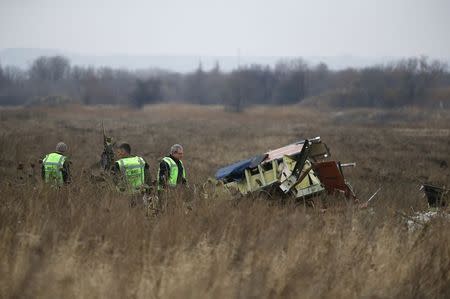 Members of the recovery team work at the site where the downed Malaysia Airlines flight MH17 crashed near the village of Rozsypne (Rassypnoye), eastern Ukraine, November 11, 2014. REUTERS/Maxim Zmeyev