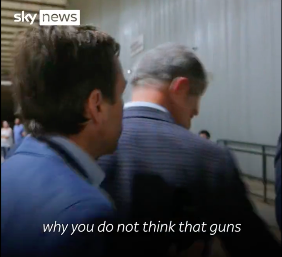 Sen Ted Cruz storms away from a Sky News journalist after he was pressed to answer questions about gun control. (Sky News/video screengrab)