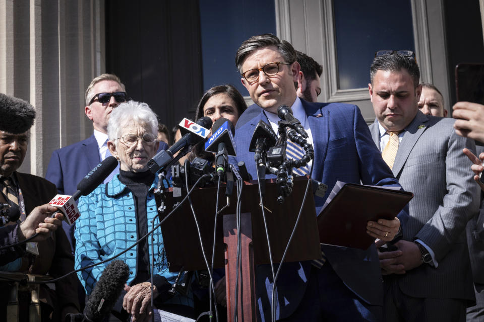 Speaker of the House Mike Johnson, R-La., speaks to the media on the Lower Library steps on Columbia University's campus in New York, on Wednesday, April 24, 2024. (AP Photo/Stefan Jeremiah)