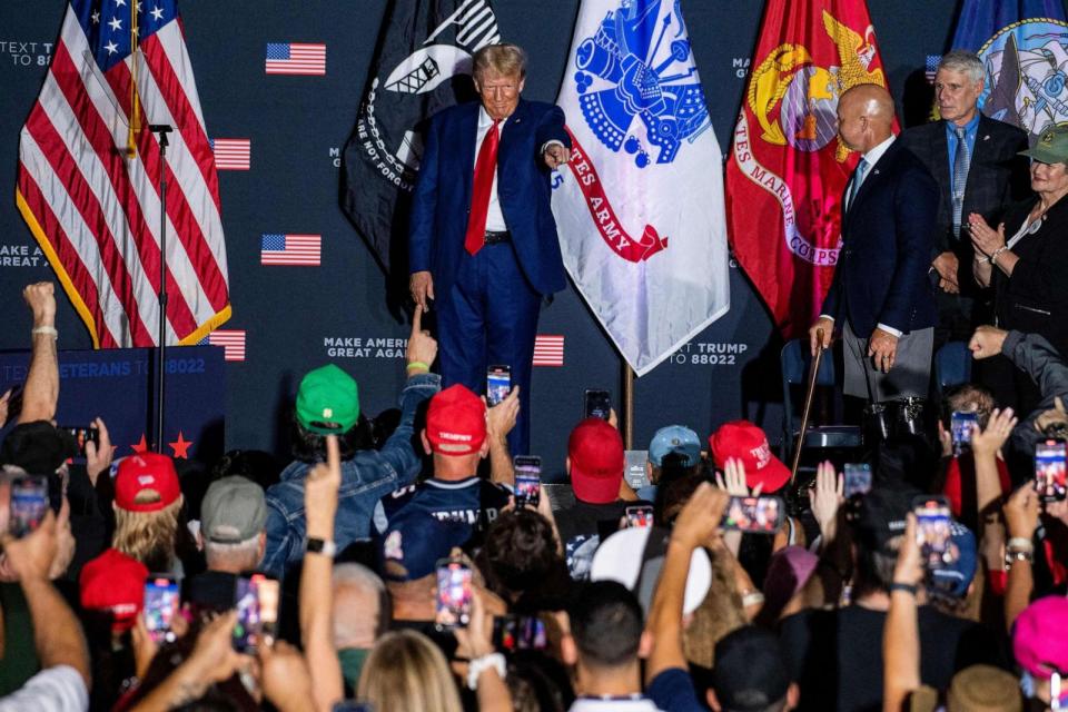 PHOTO: Former President and 2024 presidential hopeful Donald Trump arrives to speak during a campaign rally at Windham High School in Windham, New Hampshire, Aug. 8, 2023. (Joseph Prezioso/AFP via Getty Images)