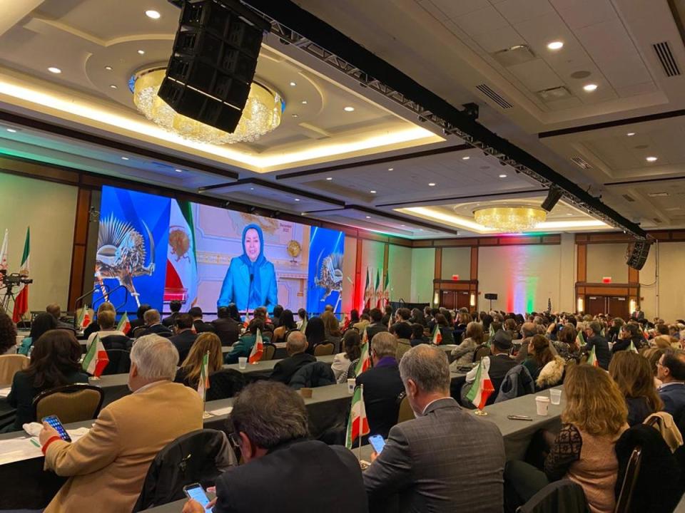 Maryam Rajavi speaks to supporters of the 2022 Iranian uprising at a summit in Washington DC (OIAC)