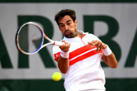 Jeremy Chardy of France plays a forehand during his mens singles first round match against Kyle Edmund of Great Britain during Day two of the 2019 French Open at Roland Garros on May 27, 2019 in Paris, France. (Photo by Clive Mason/Getty Images)