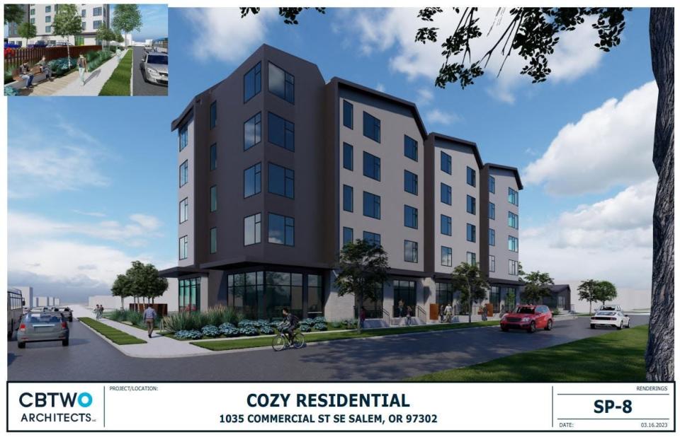 A rendering of a five-story mixed-use building planned for Bush Street and Commercial Street SE.