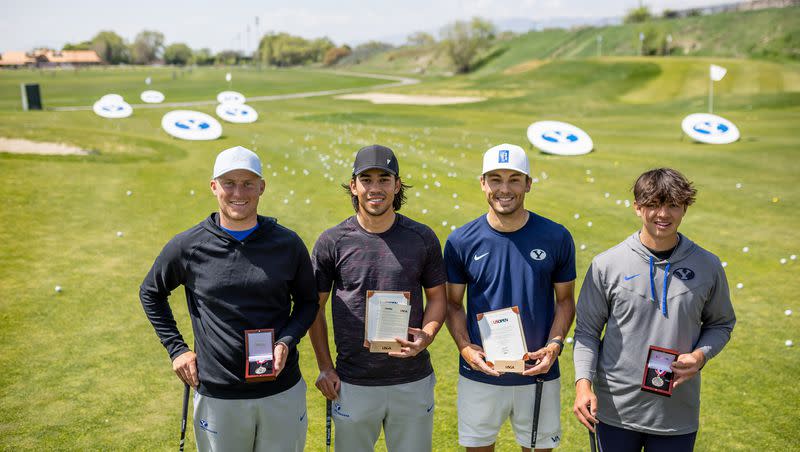 Zac Jones, Keanu Akina, Brock Goyen and Tyson Shelley, four BYU golfers who made it through the first stage stage of U.S. Open qualifying, pose for a photo at the Cougars’ practice facility in American Fork on Thursday, May 11, 2023.