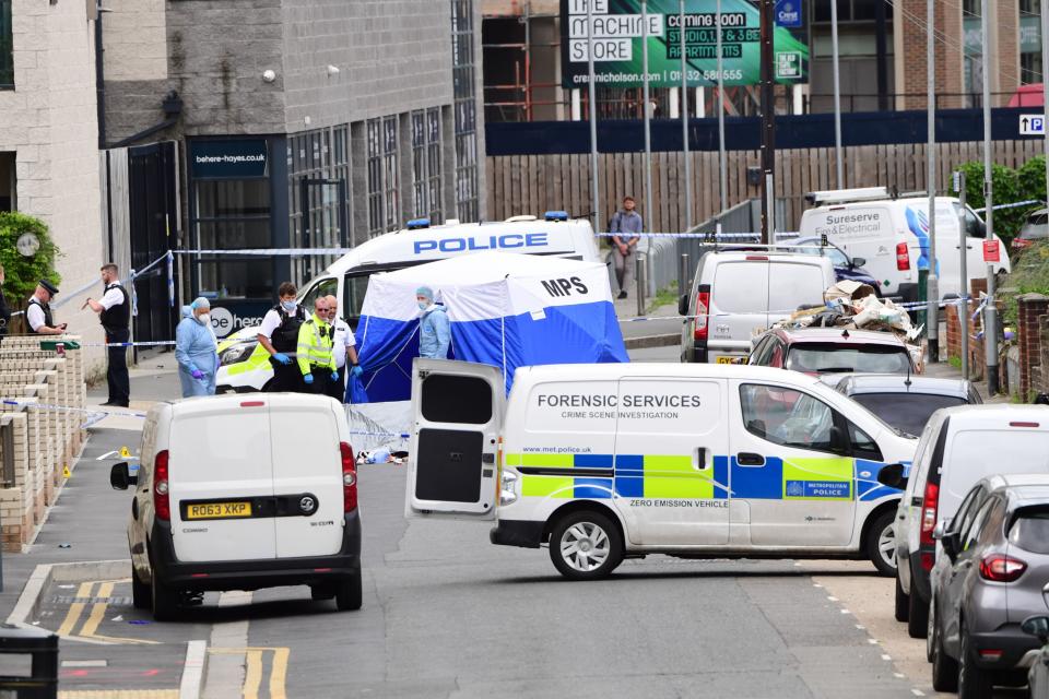 Forensic officers join police on the scene of the stabbing in Hayes (PA)