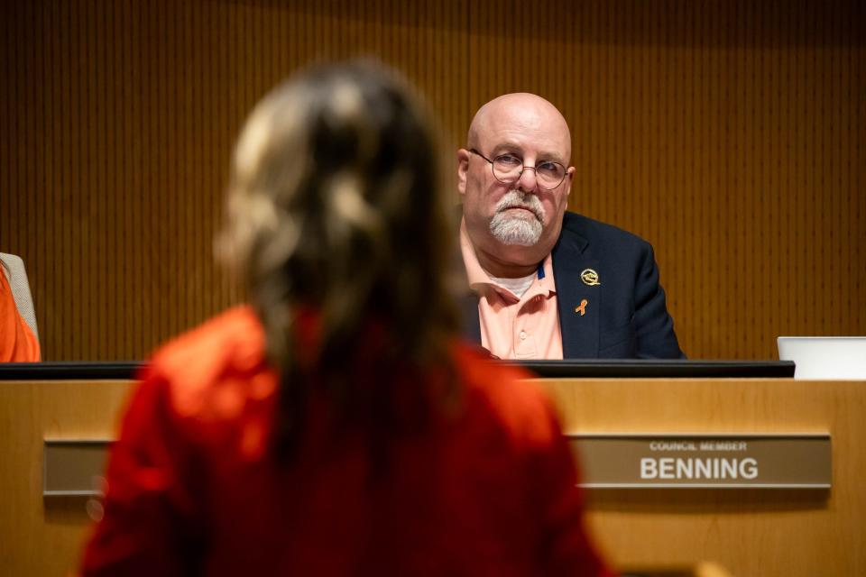 Council member Robin Benning watches as Cassandra Erwin speaks during a city council meeting at the Queen Creek Town Council Community Chambers in Queen Creek on Dec. 6, 2023.