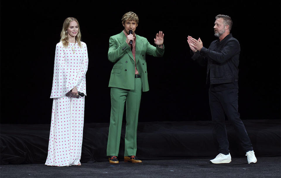 Emily Blunt, Ryan Gosling and David Leitch promotes the upcoming film "The Fall Guy" during the Universal Pictures and Focus Features presentation during CinemaCon, the official convention of the National Association of Theatre Owners, at The Colosseum at Caesars Palace on April 26, 2023 in Las Vegas, Nevada.